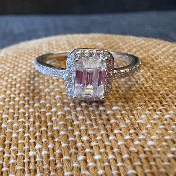 Jewelry - Solid Sterling Silver One Carat Emerald Cut Halo Moissanite Ring Size 9